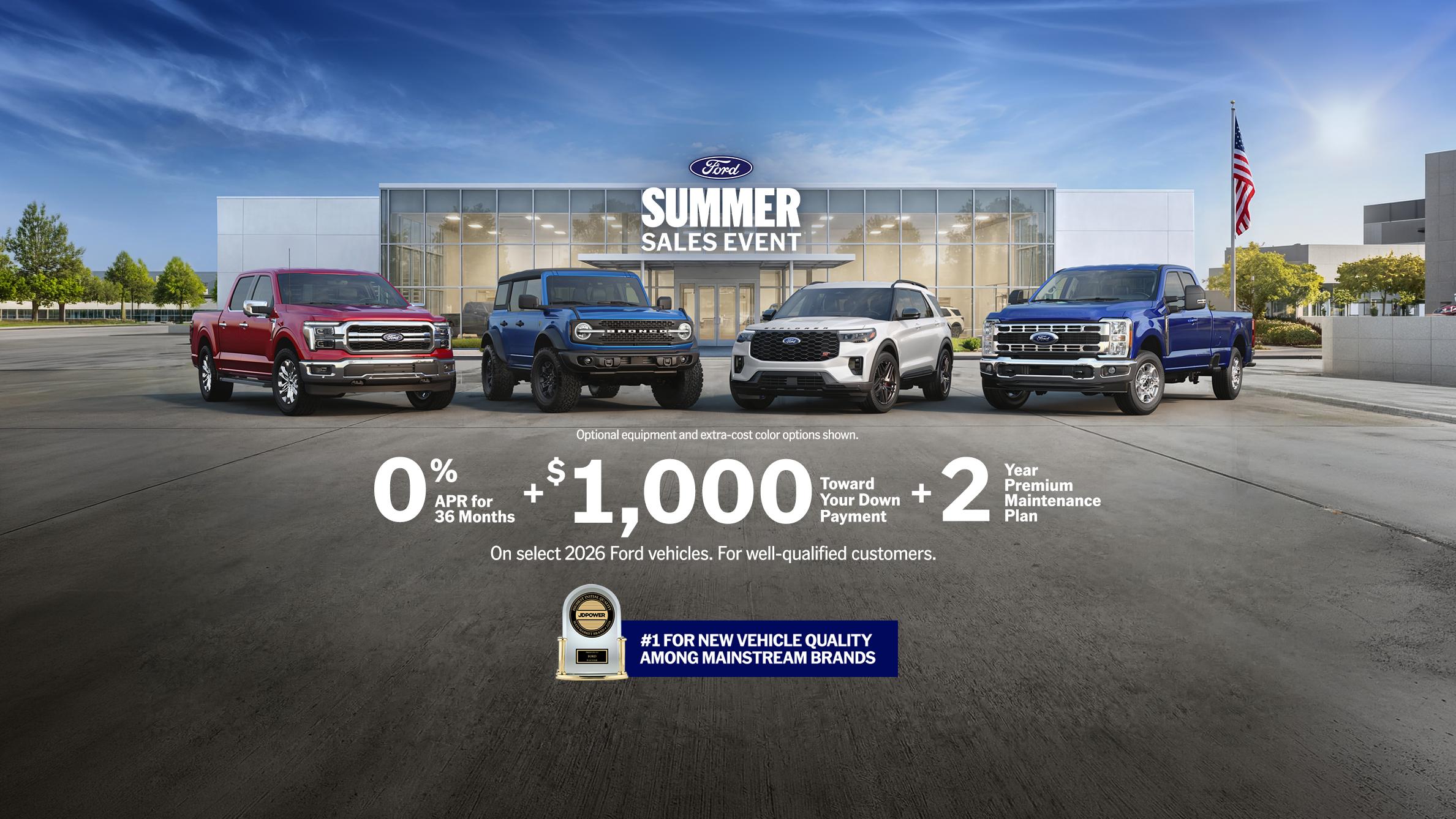 An exterior shot of the dealership with a lineup of 2026 Ford vehicles outside