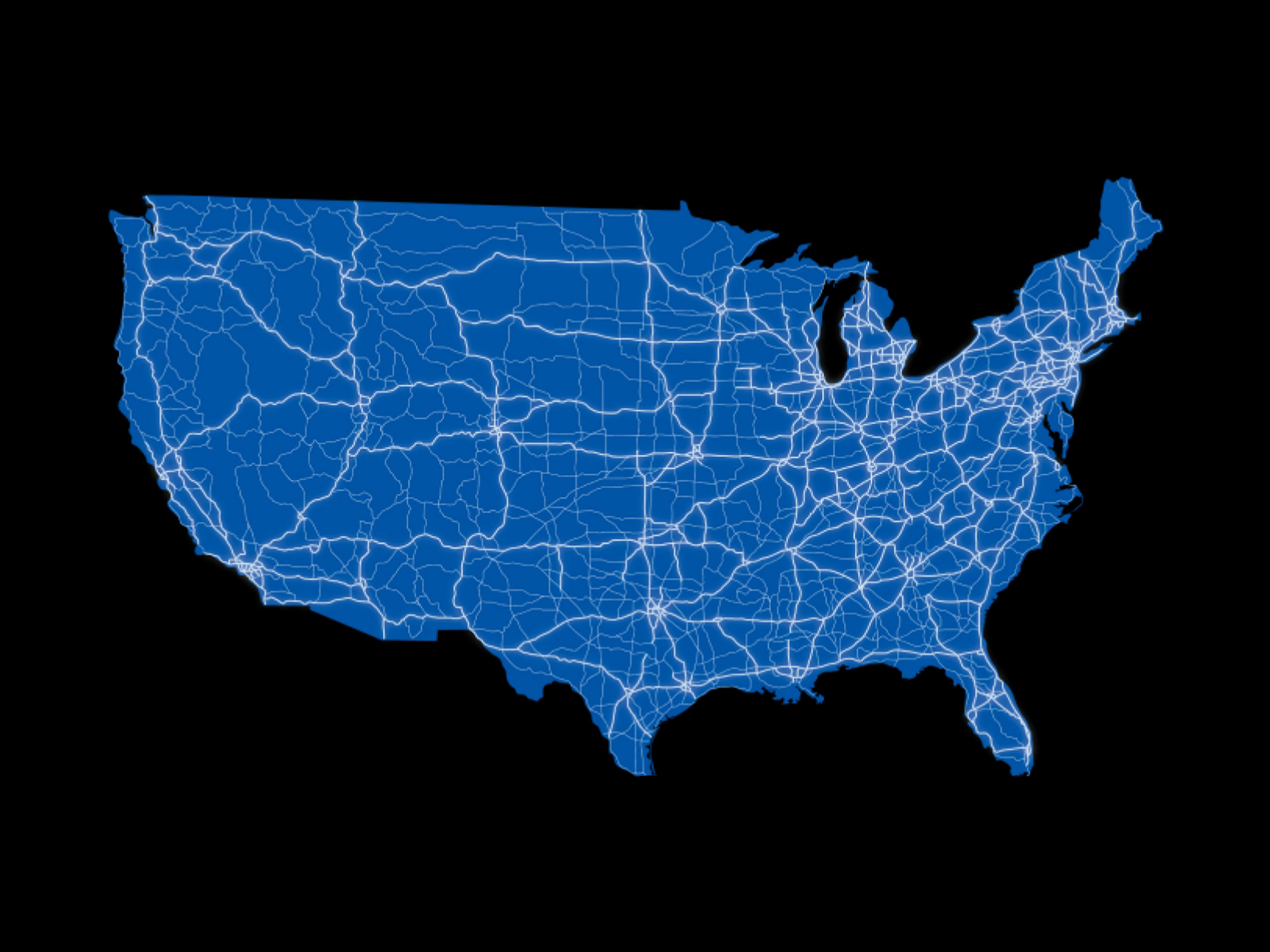 A map of the United States showing Blue Zone highways
