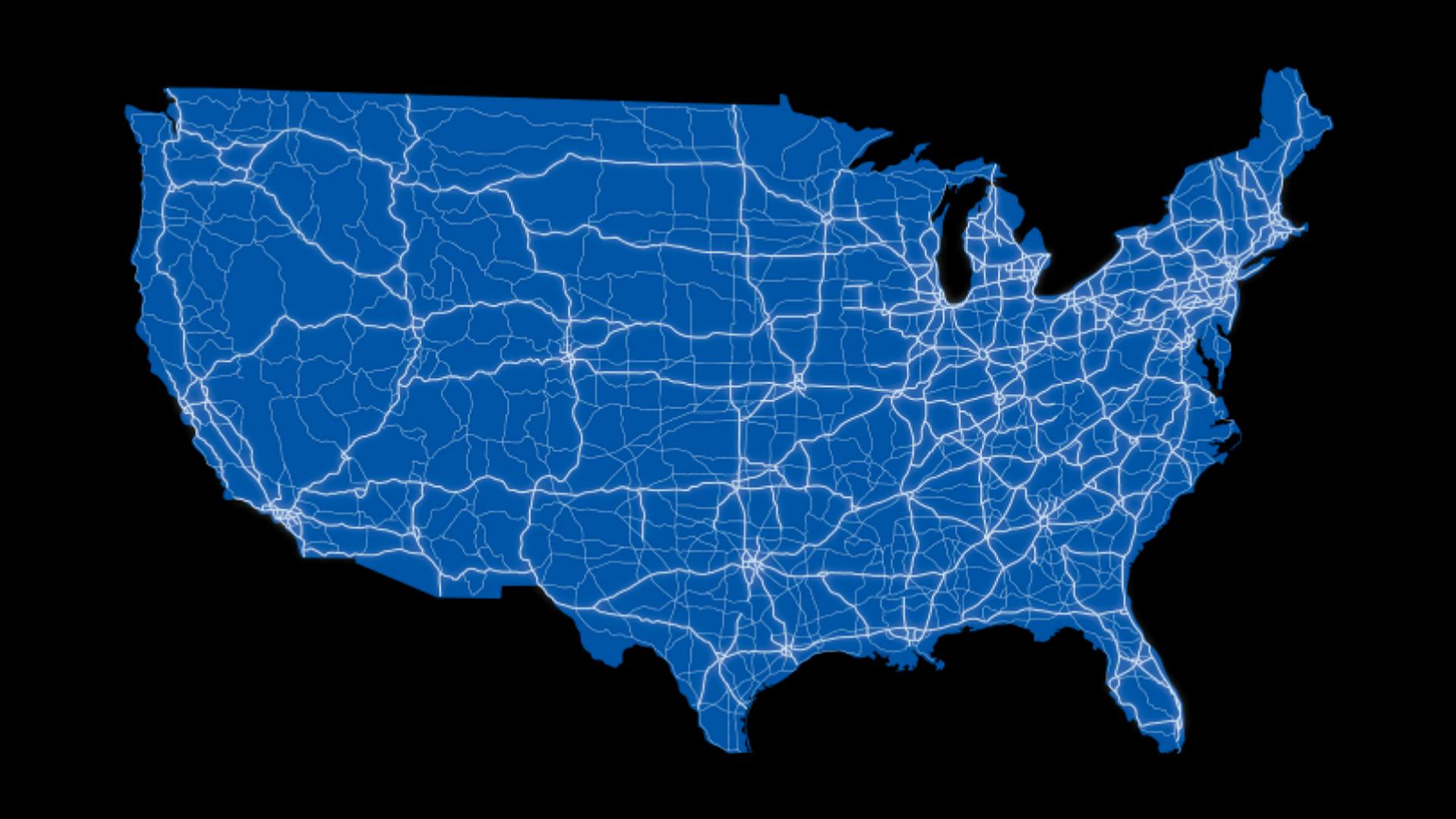 A map of the United States showing Blue Zone highways