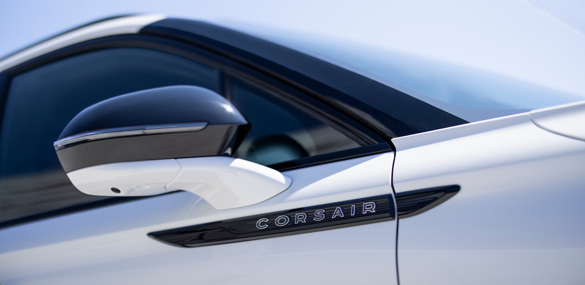The Autofold sideview mirror of a 2025 Lincoln Corsair is shown in its extended position