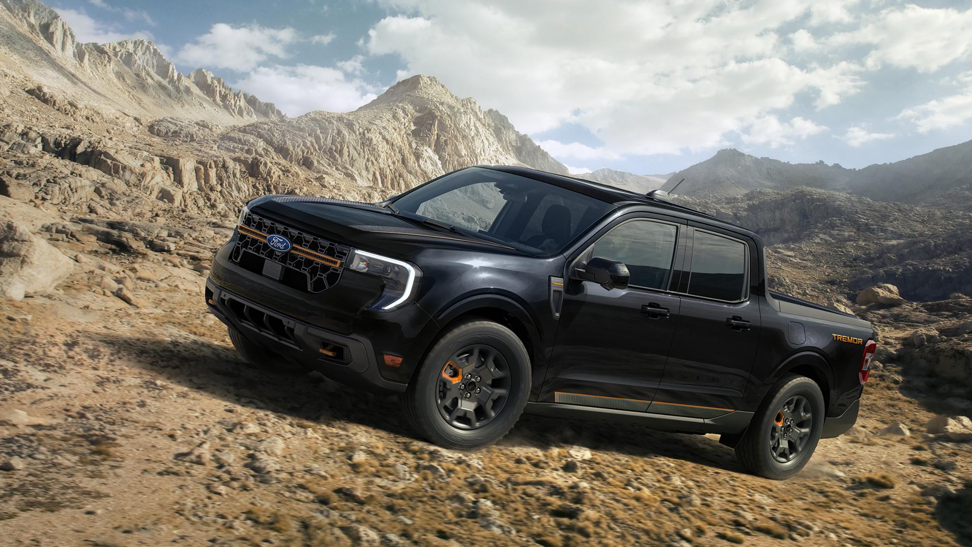 2026 Ford Maverick® Tremor® model in Shadow Black being driven on a rocky mountainside
