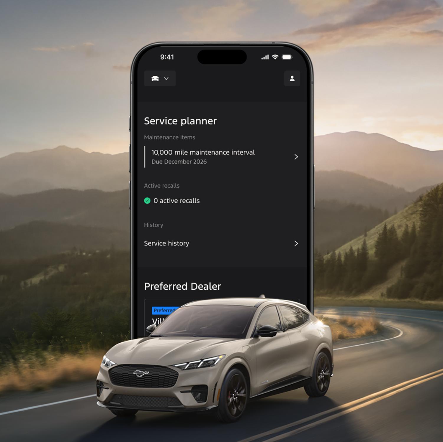 The Ford app screen displays on the horizon behind a 2026 Ford Mustang Mach-E® SUV