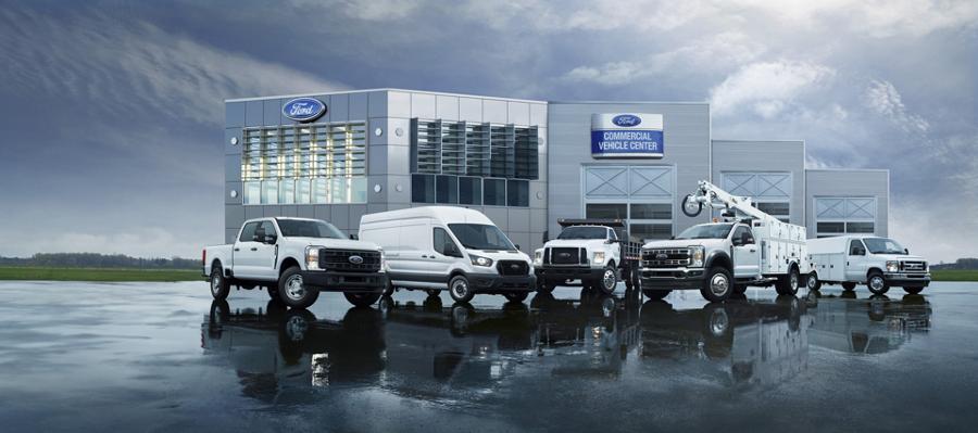 Ford Commercial Vehicle lineup parked at a Ford Commercial Vehicle Centre