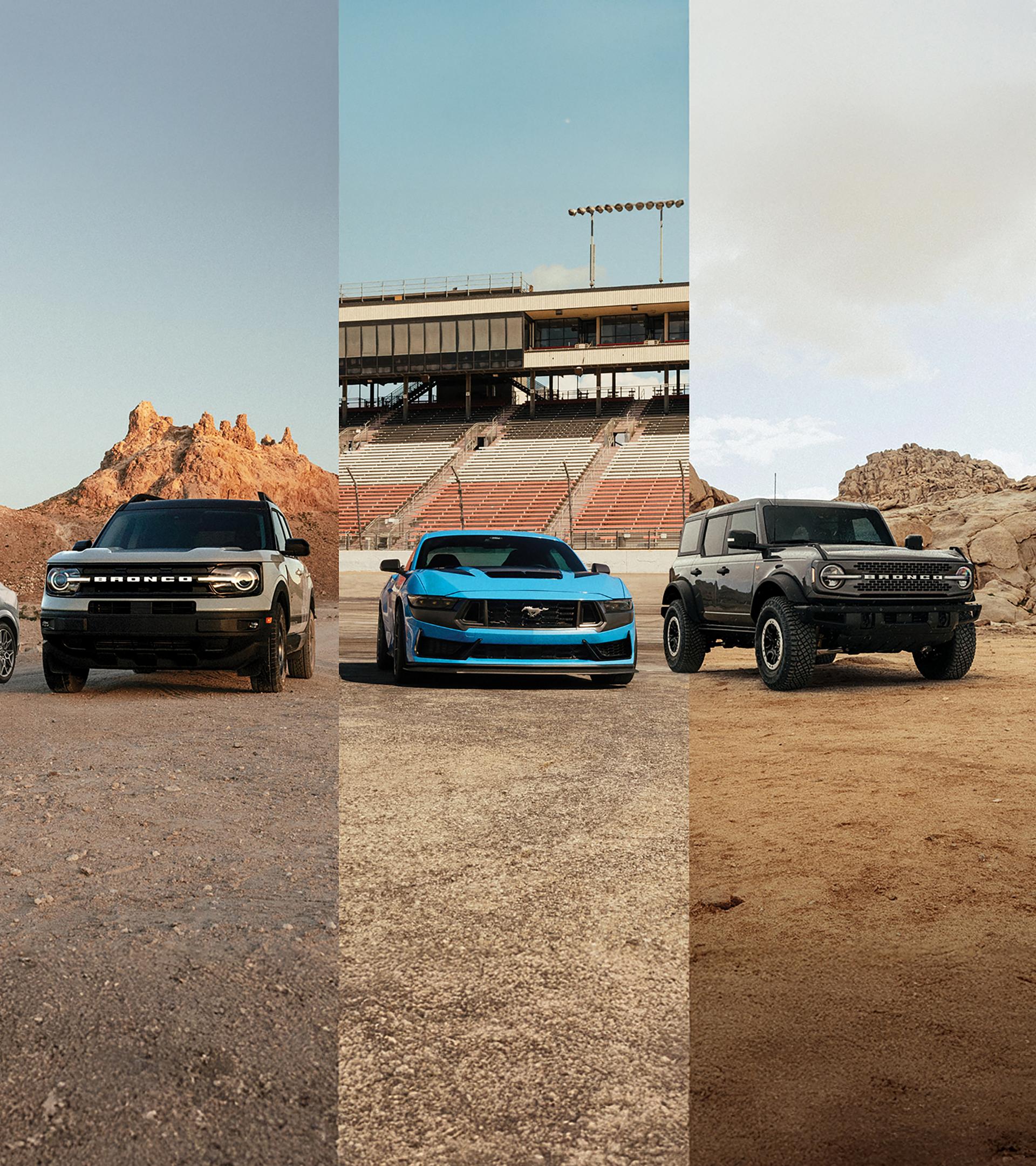 A triptych of a Ford Bronco® SUV, Mustang® car, and Bronco® Sport SUV
