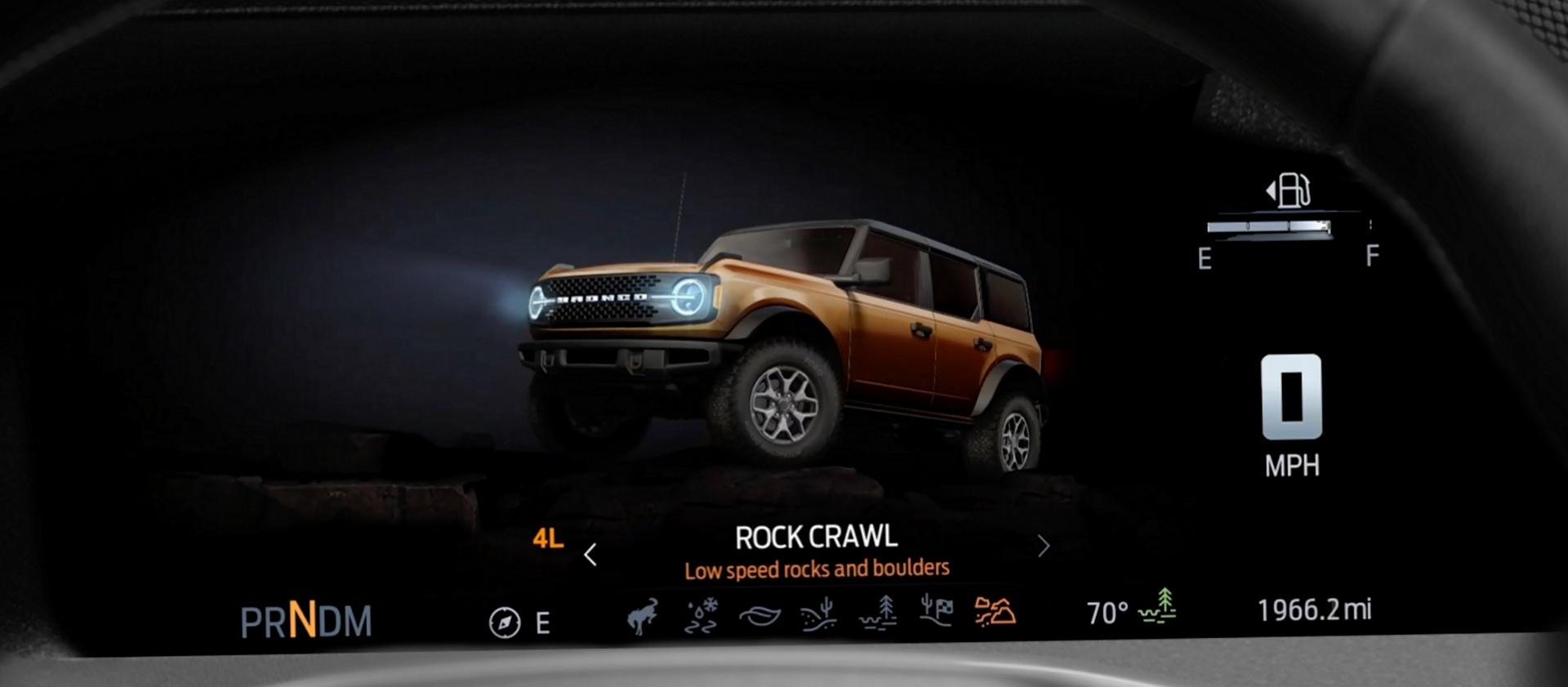 The digital cluster on a 2026 Ford Bronco® SUV, showing the drive mode selection interface