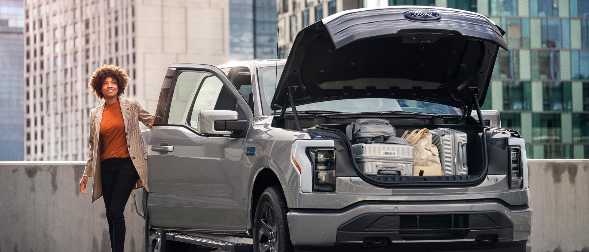 Ford F-150® Lightning® truck parked with the frunk open