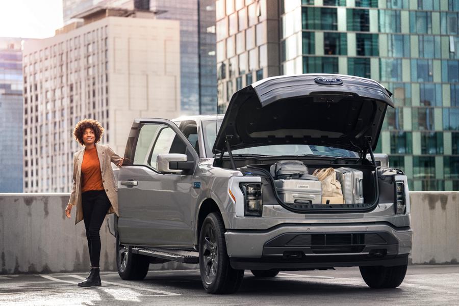 Ford F-150® Lightning® truck parked with the frunk open