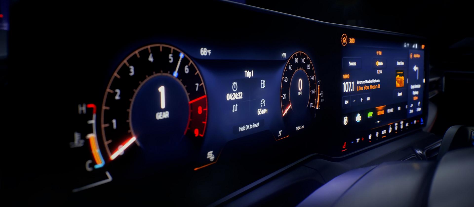 2026 Ford Mustang® dashboard with the available magnesium-framed panoramic curved display