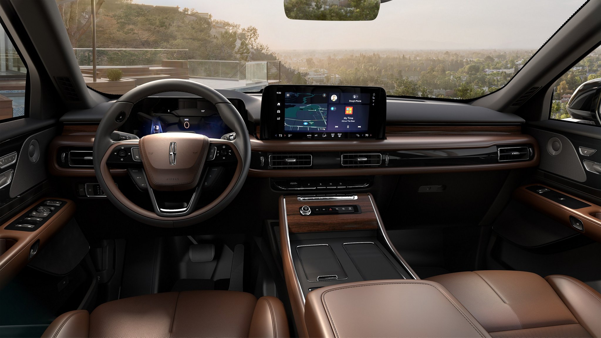 The interior of a 2025 Lincoln Aviator® SUV from the second row looking through the windshield