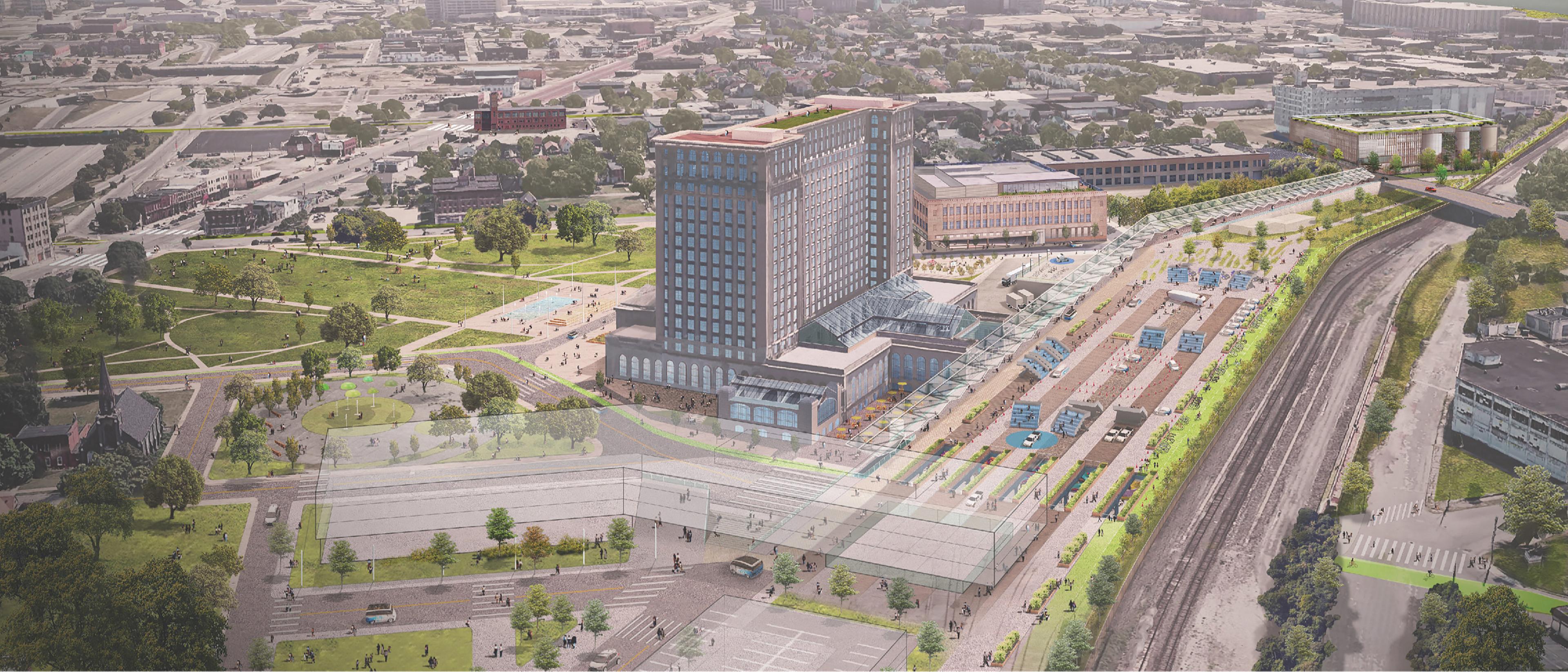 An architectural depiction of the restoration plans for Michigan Central Station and the surrounding campus