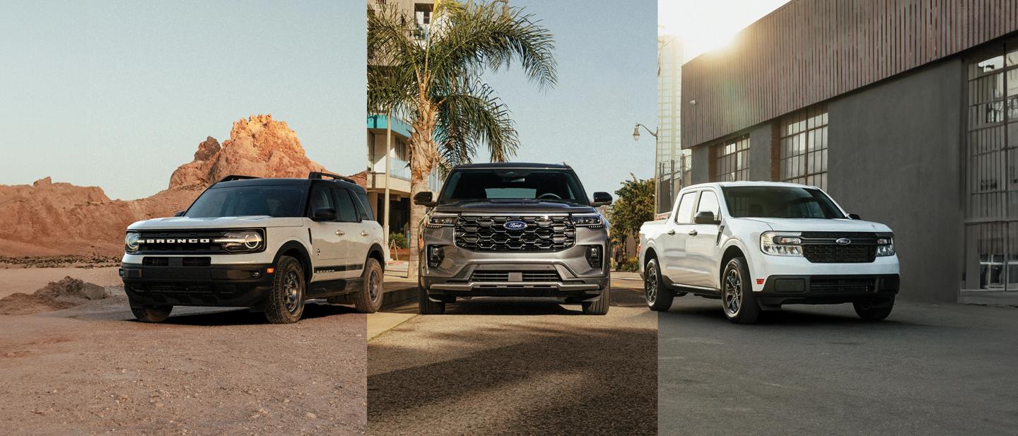 A pack shot of a Ford Bronco® Sport, Escape® and Maverick®