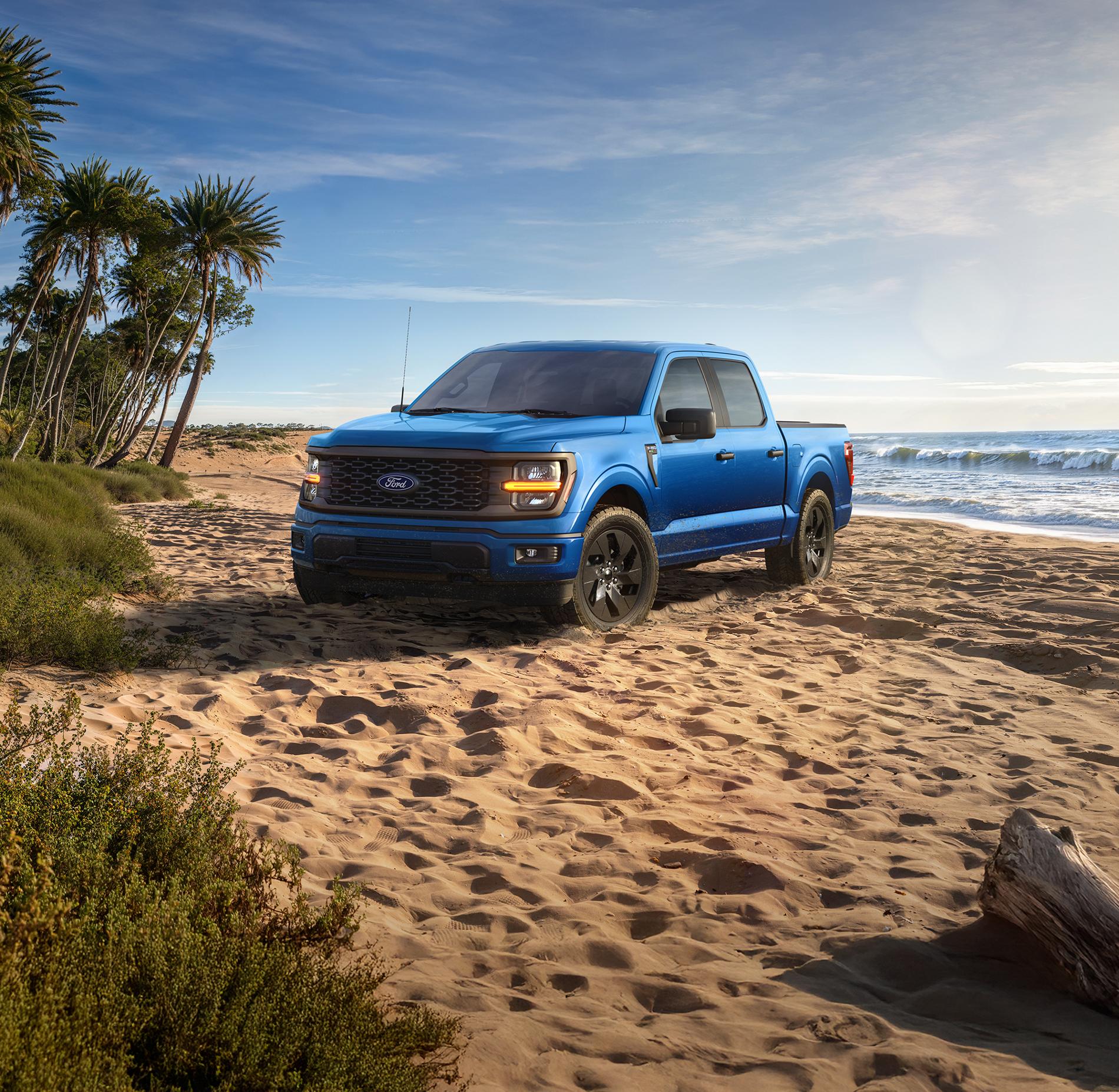 A blue 2025 Ford F-150 truck sitting on a beach.