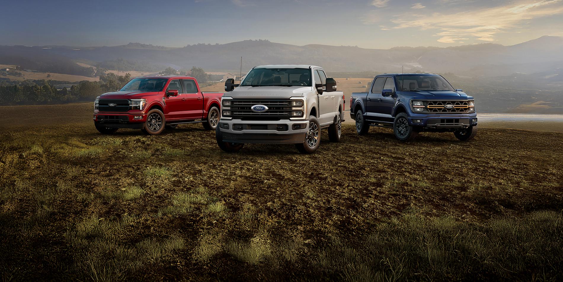 Ford F-Series® lineup with mountains in the background