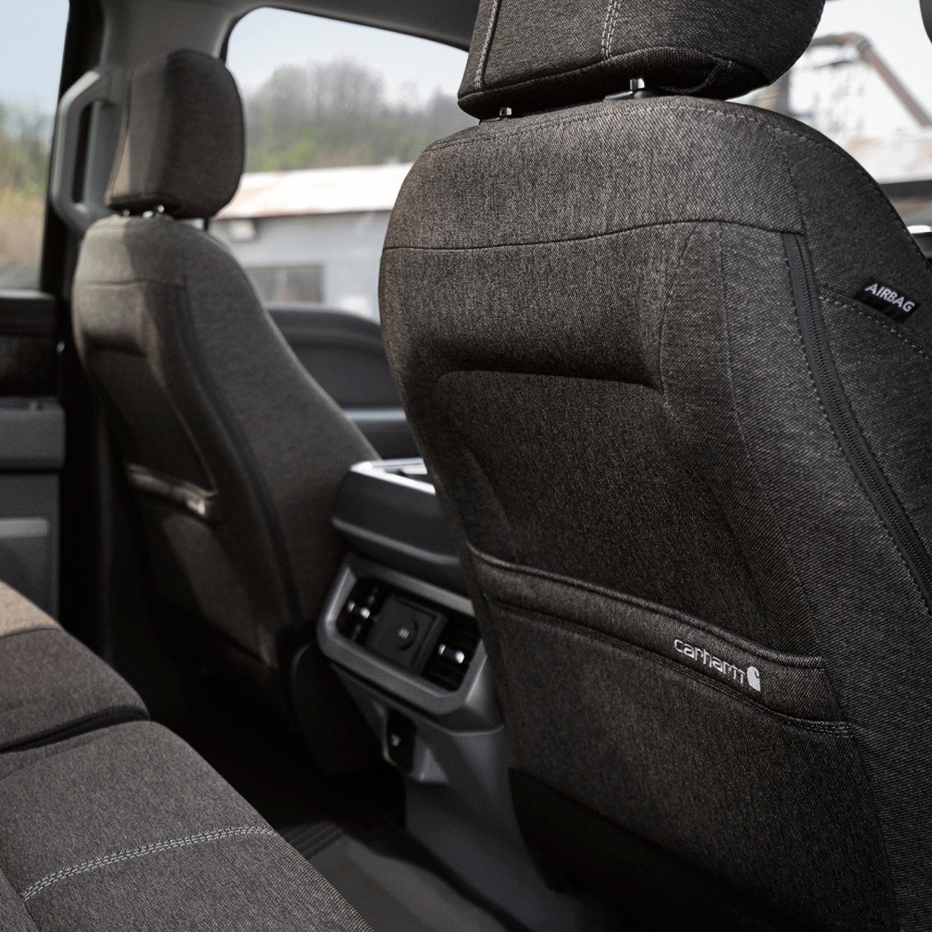 Back seat interior view of the 2027 Ford Super Duty® F-350® XLT model with the Super Duty Carhartt® Package