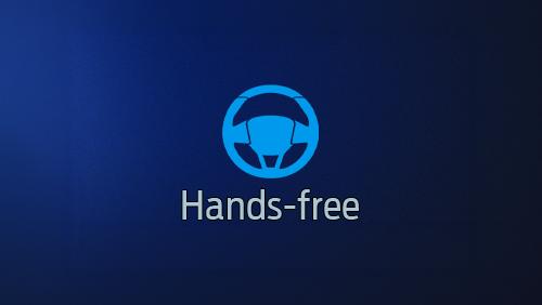 Steering wheel illustration with text that reads hands-free