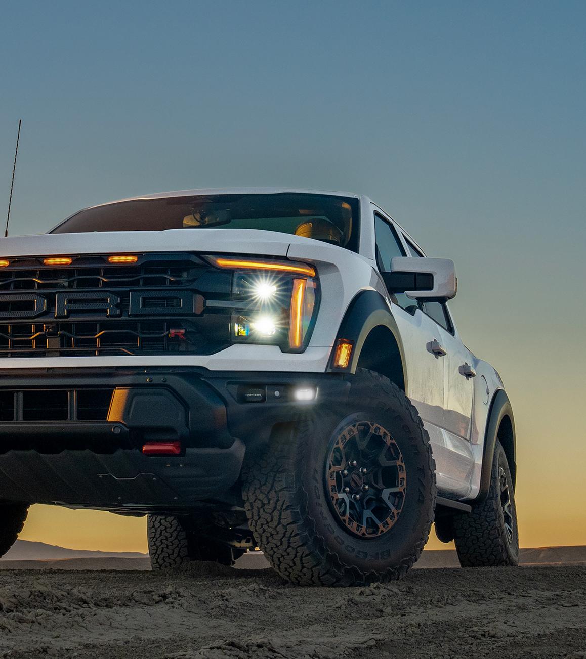 Close-up on the LED headlamp and fog lamp on a 2025 Ford F-150® Raptor R® pickup
