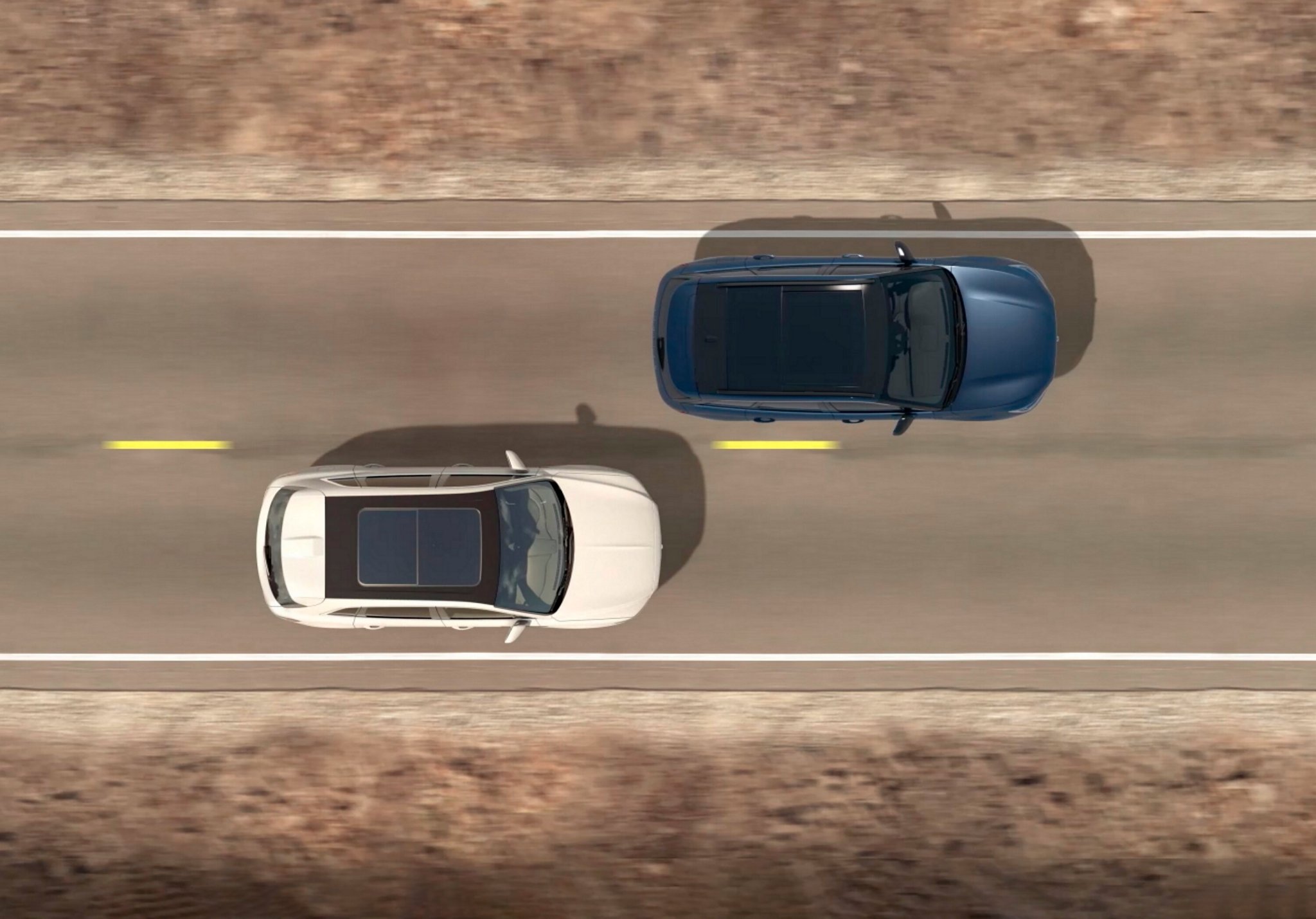 Two vehicles are shown from overhead to demonstrate the Blind-Spot Information System