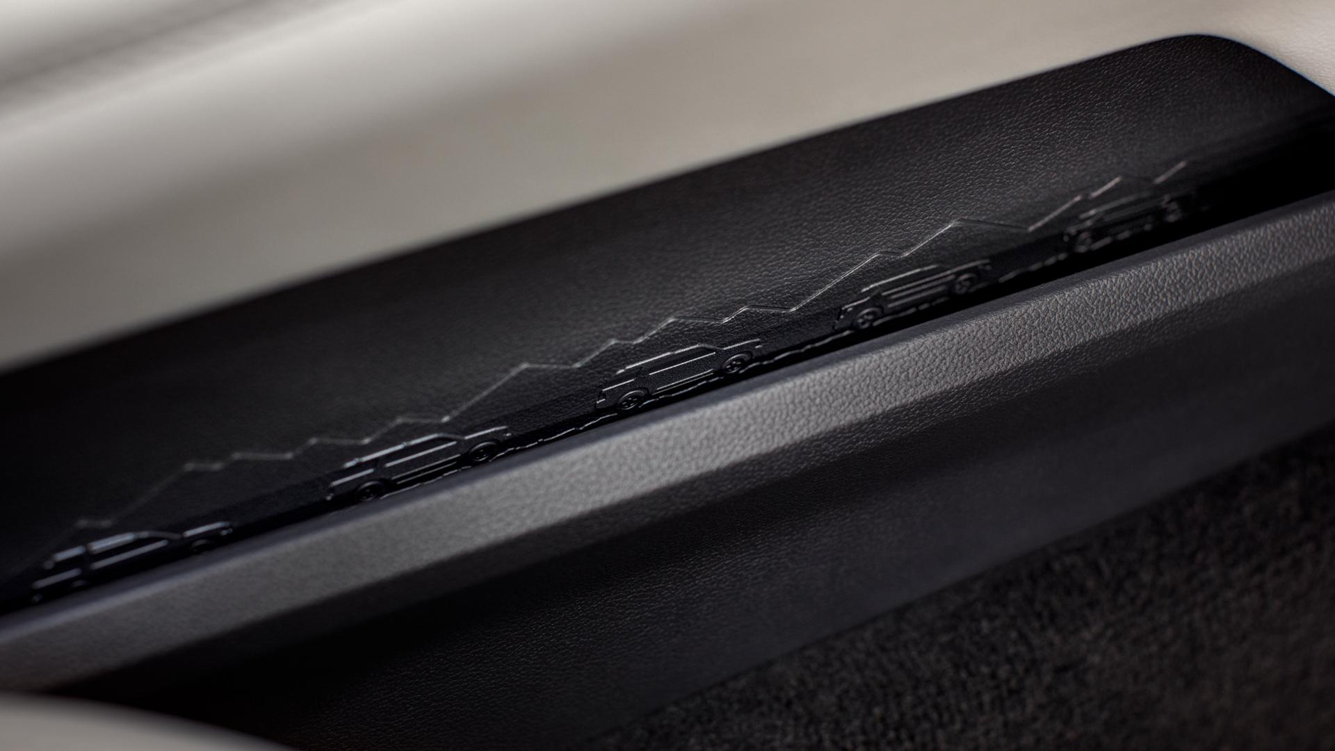 A closeup of the interior details on a 2026 Ford Explorer® SUV, showing an embossed mountain scene