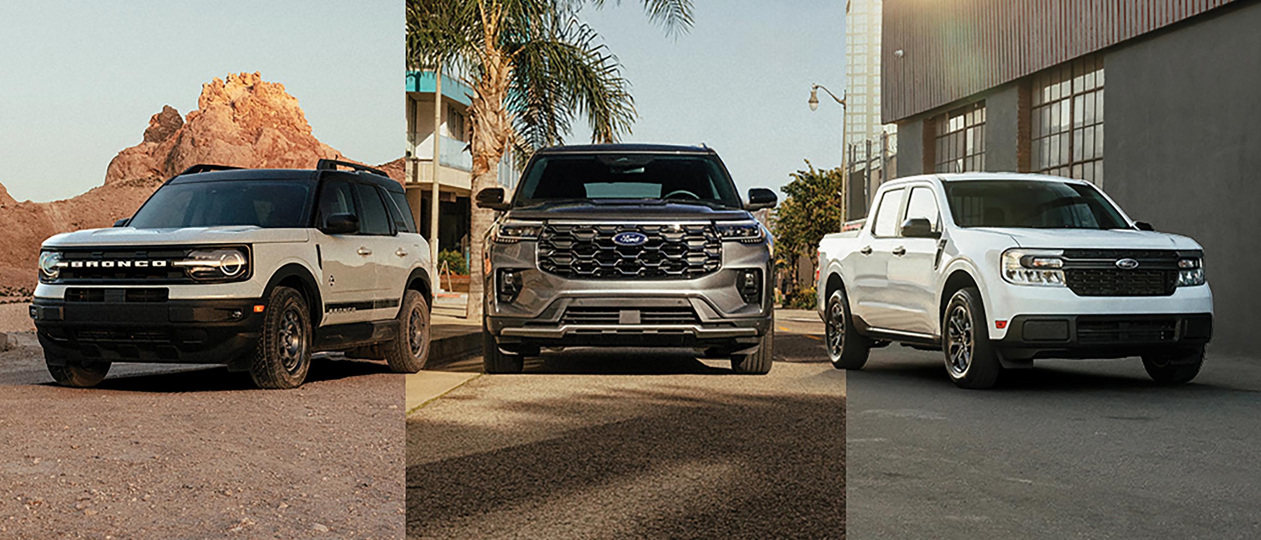 A triptych of a Ford Bronco Sport® SUV, Explorer® SUV, and Maverick® truck