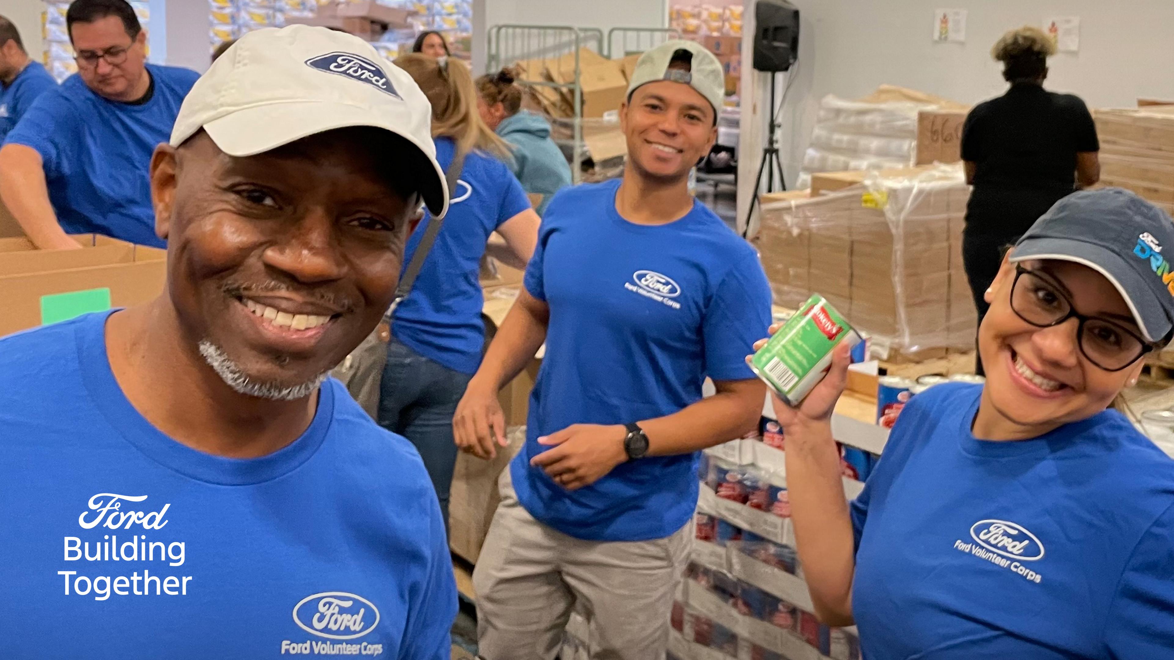 Video highlighting people doing volunteer work in various locations including a food bank