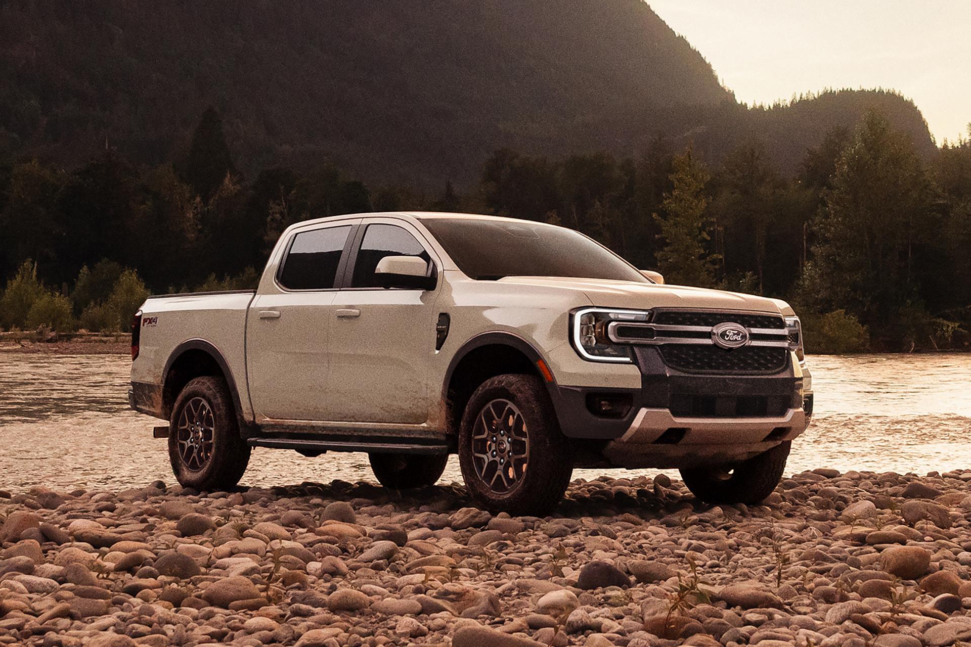 2026 Ford Ranger Lariat model with FX4 Off-Road Package parked mountainside near a rocky river