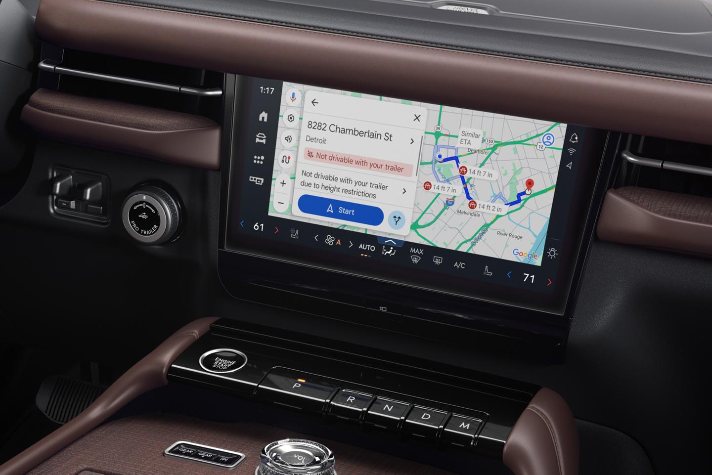 Interior shot of a 2025 Lincoln Navigator® SUV showing map of a towing route on display screen