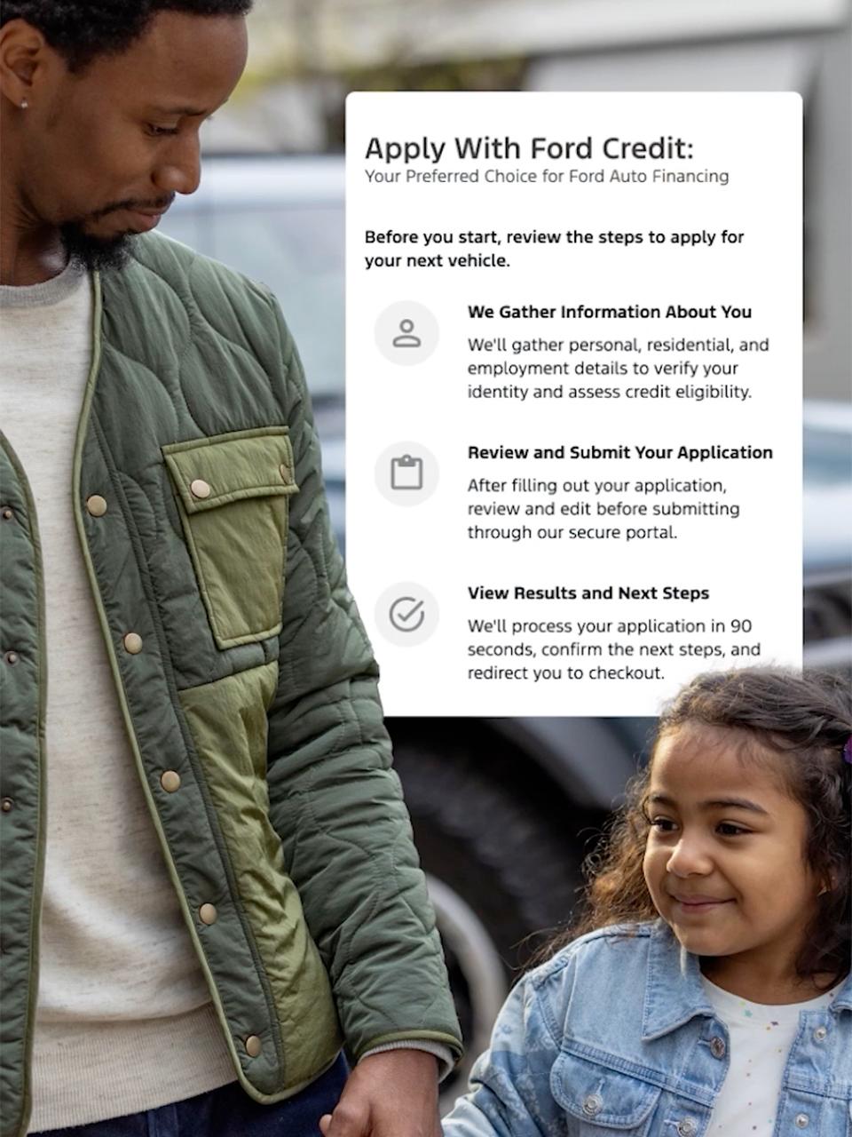 A father and daughter walk hand-in-hand on a sidewalk with their parked Ford Bronco® in the background