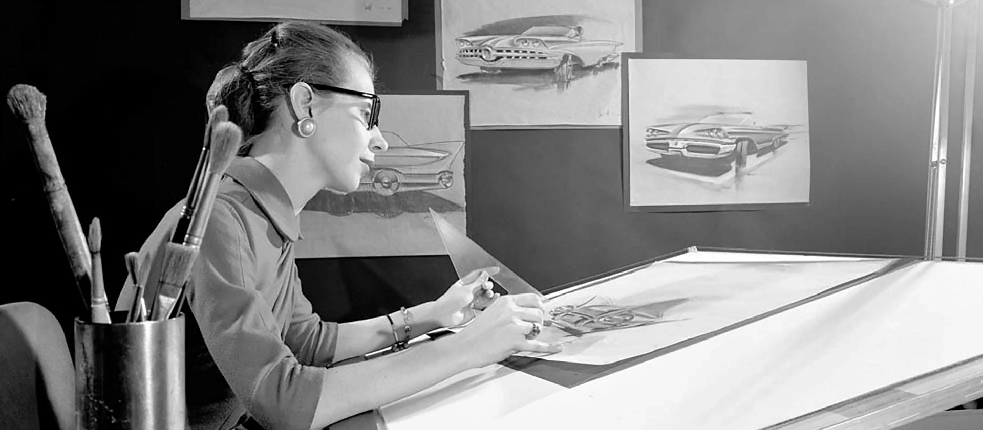 A woman working at the advanced styling studio in 1956