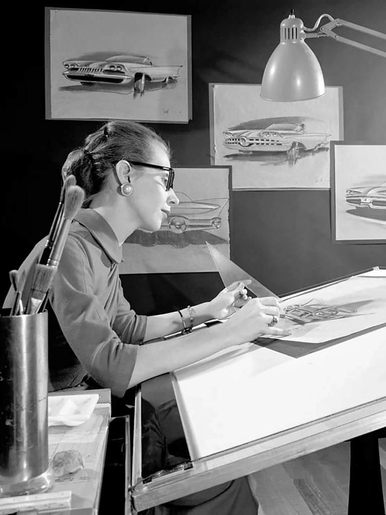 A woman working at the advanced styling studio in 1956
