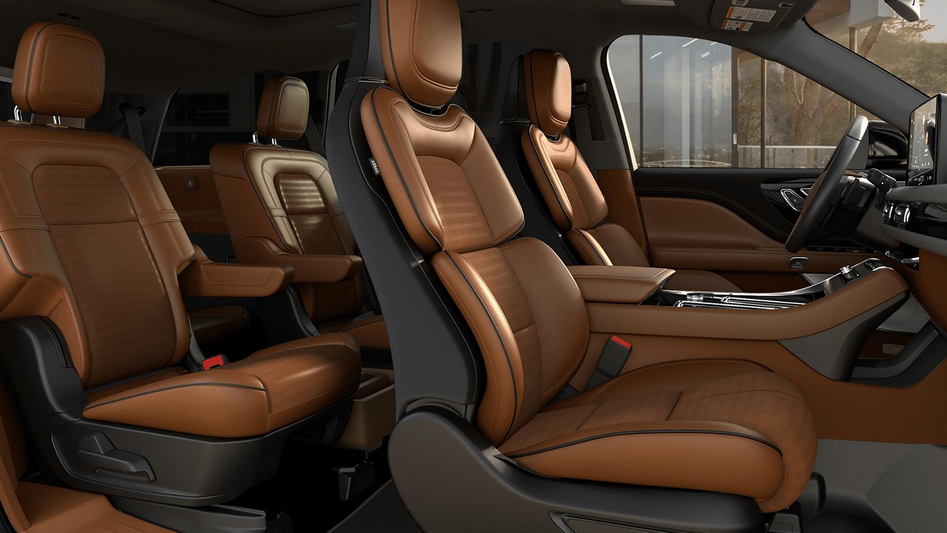 Captain’s seats in the second row of a 2026 Lincoln Black Label Aviator® SUV are shown in the Flight interior theme