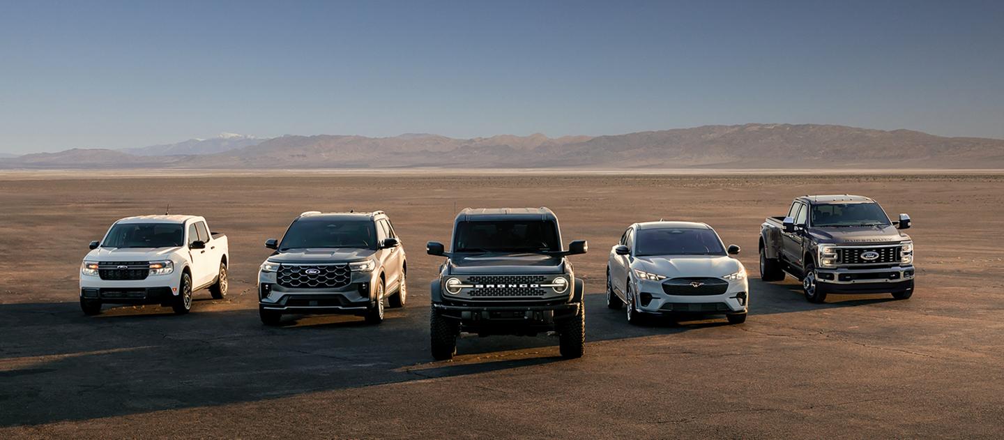 A pack shot of Ford vehicles including Maverick®, Explorer®, Bronco®, Mustang Mach-E®, and Super Duty®