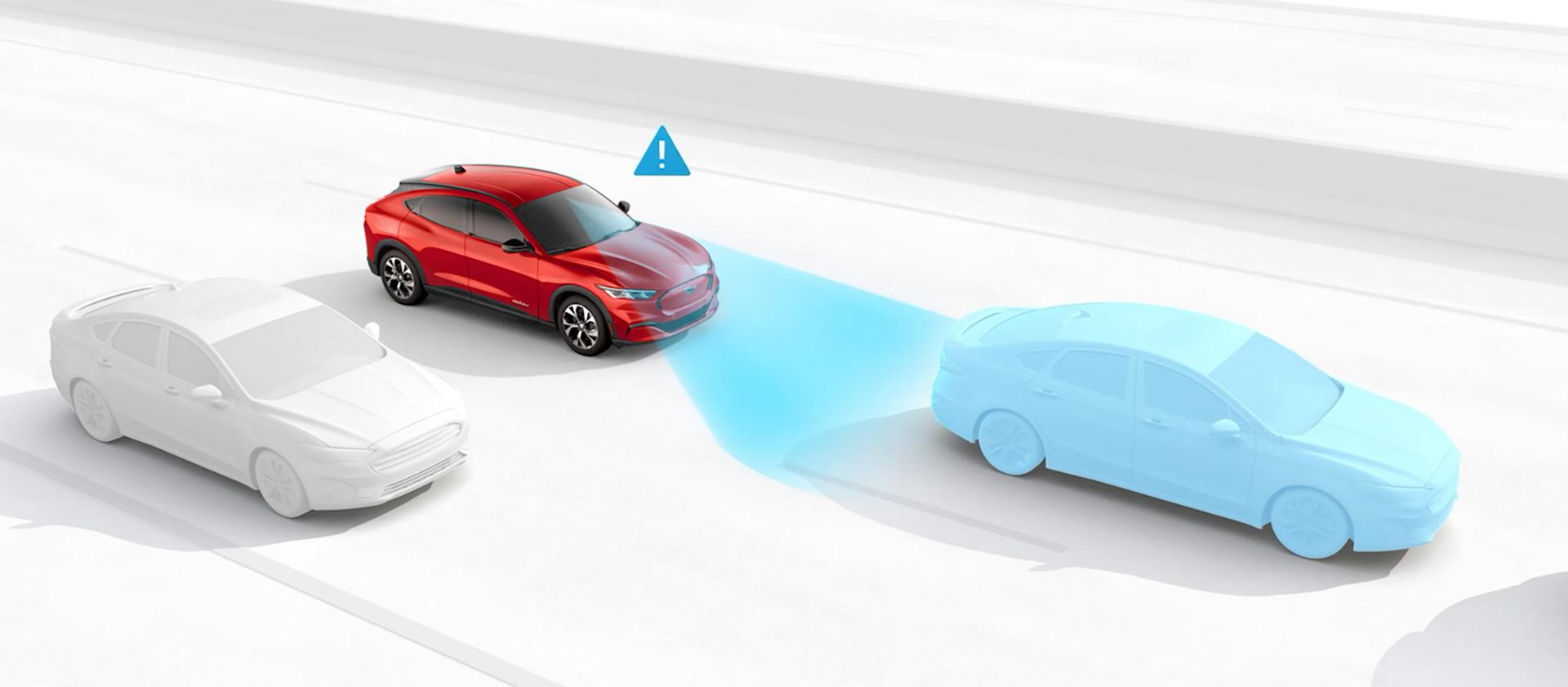 Computer-generated image demonstrating the driver-assist features of the 2026 Ford Mustang Mach-E® SUV