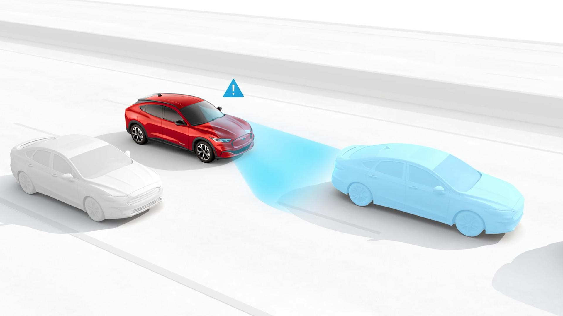 Computer-generated image demonstrating the driver-assist features of the 2026 Ford Mustang Mach-E® SUV