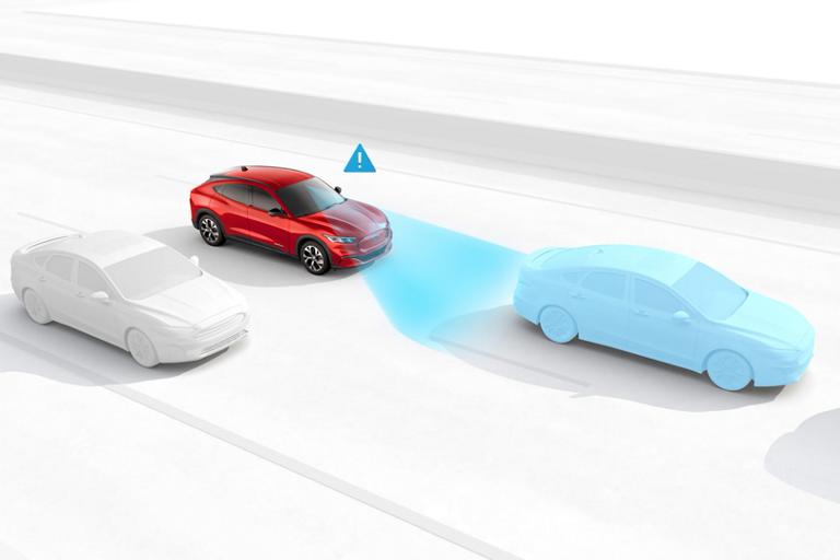 Computer-generated image demonstrating the driver-assist features of the 2026 Ford Mustang Mach-E® SUV