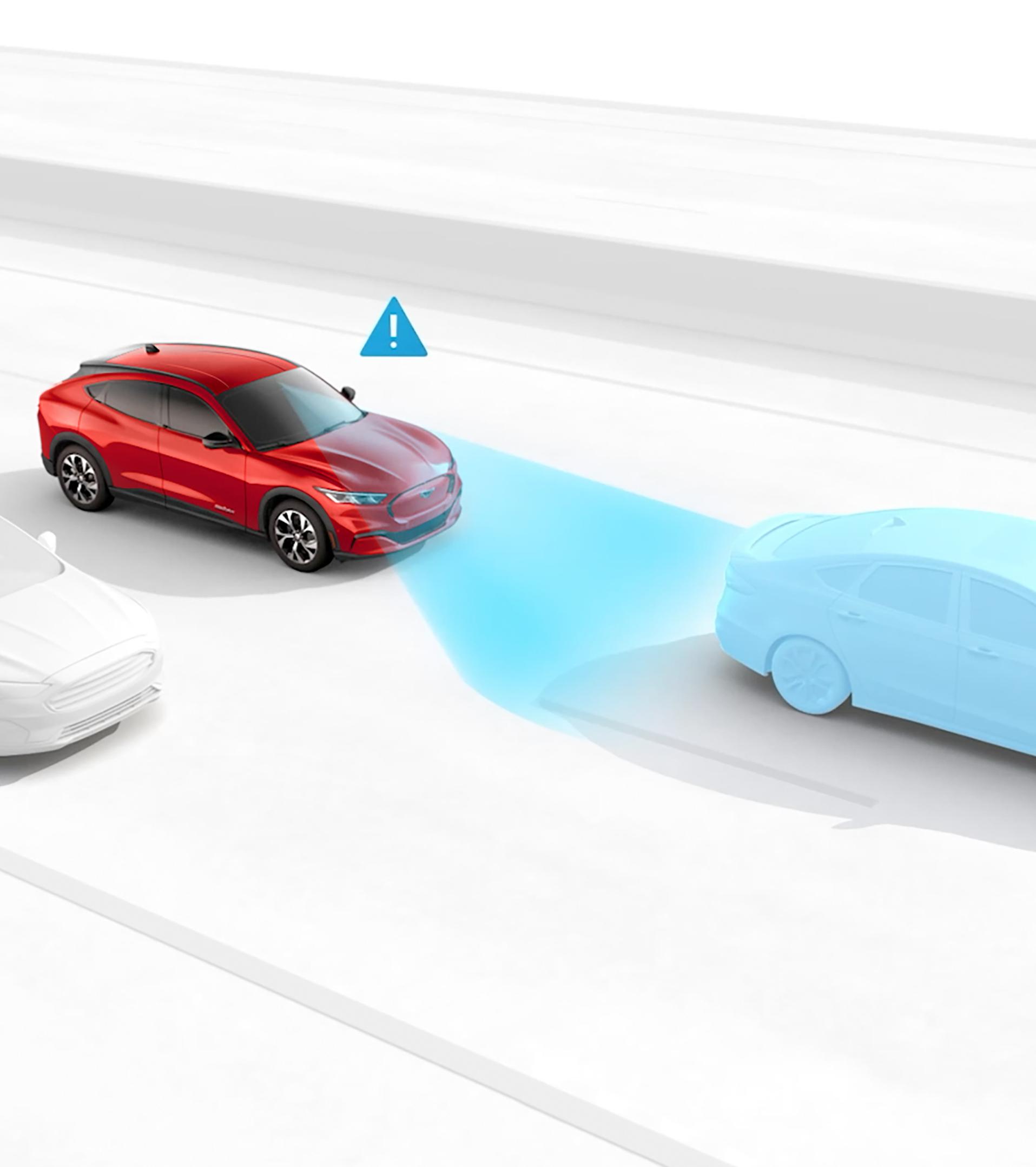Computer-generated image demonstrating the driver-assist features of the 2026 Ford Mustang Mach-E® SUV