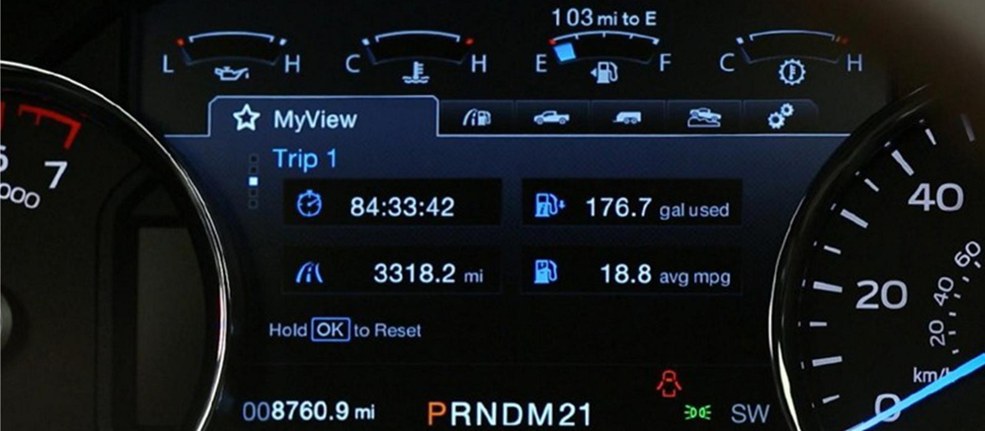 The instrument cluster displays Trip 1 information