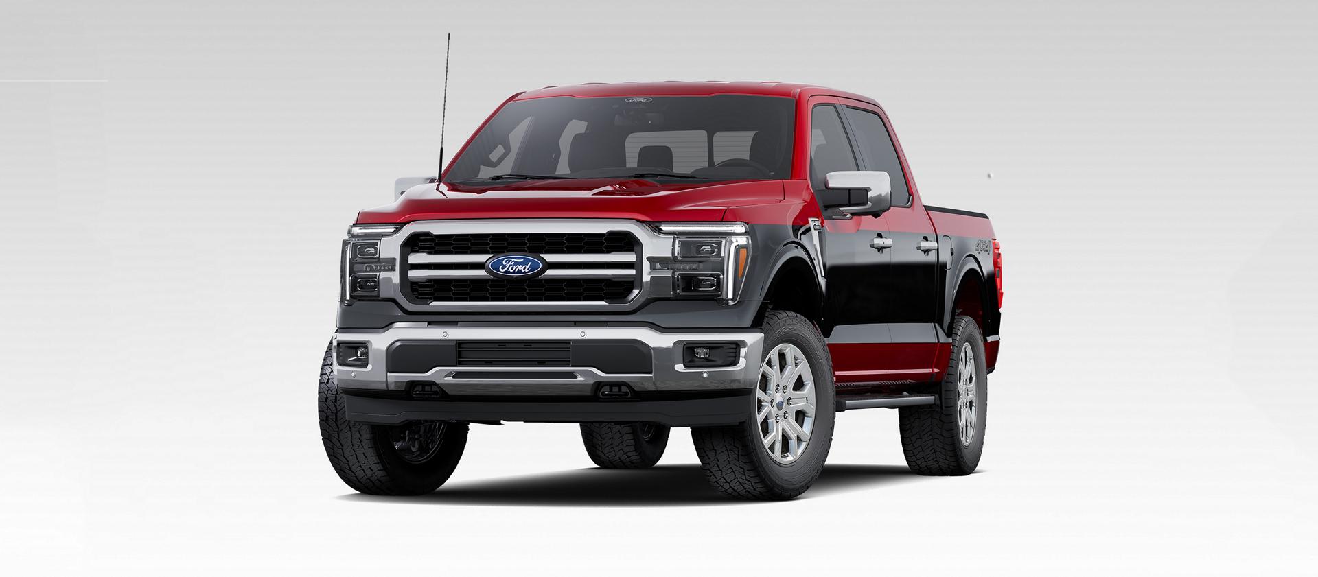 Front driver-side view of a 2027 Ford F-150® Two-Tone Package with Agate Black and red exterior accents