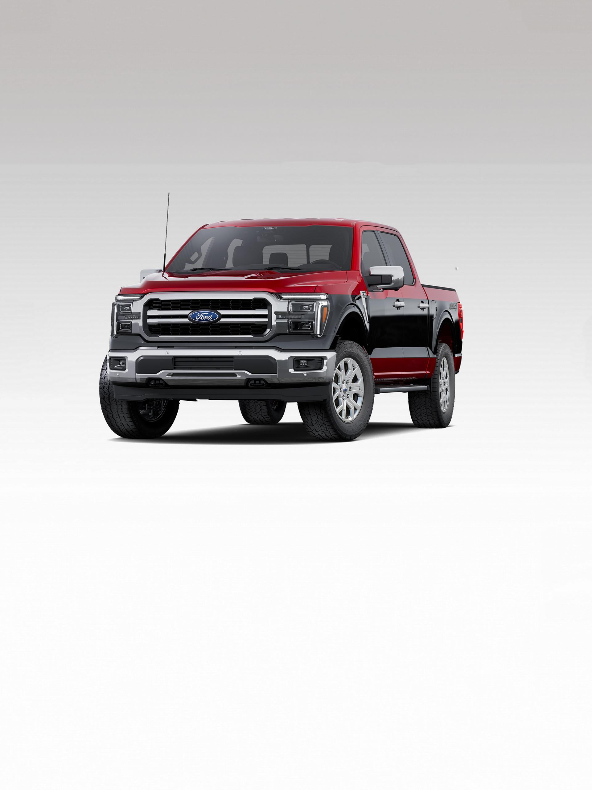 Front driver-side view of a 2027 Ford F-150® Two-Tone Package truck with agate black and red exterior accents