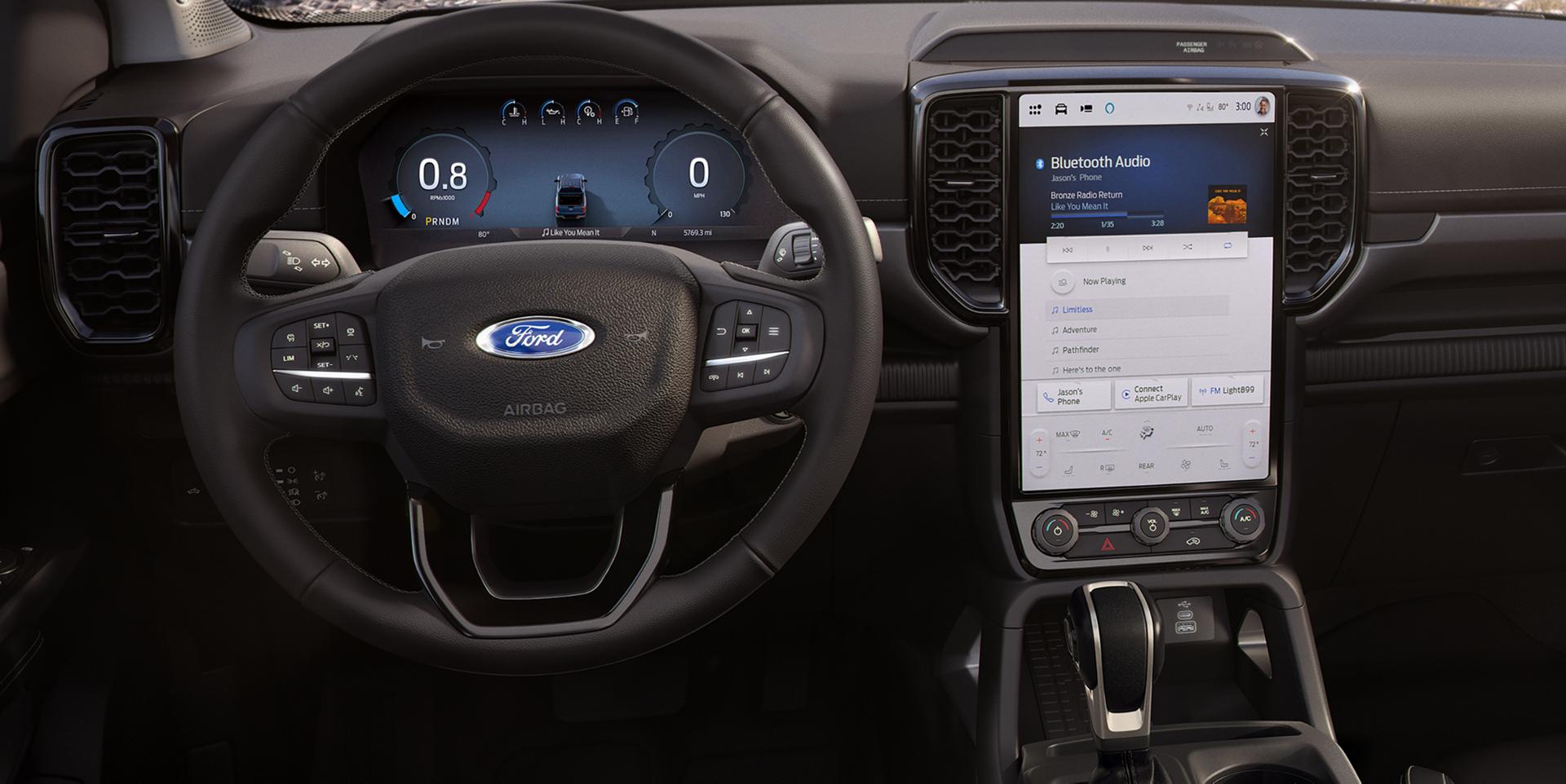 Interior of the 2025 Ford Ranger® pickup dash and center stack touchscreen