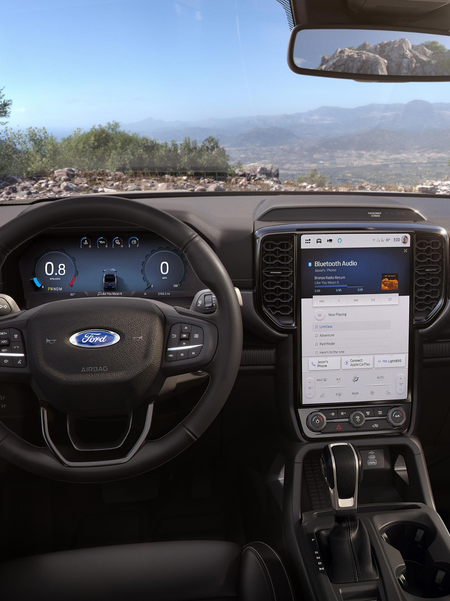 Interior of the 2025 Ford Ranger® pickup dash and center stack touchscreen