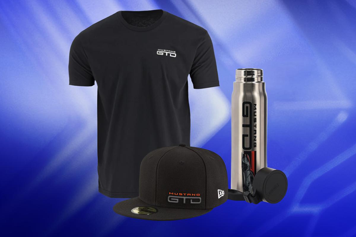 Mustang® GTD logo on a hat, t-shirt and water bottle