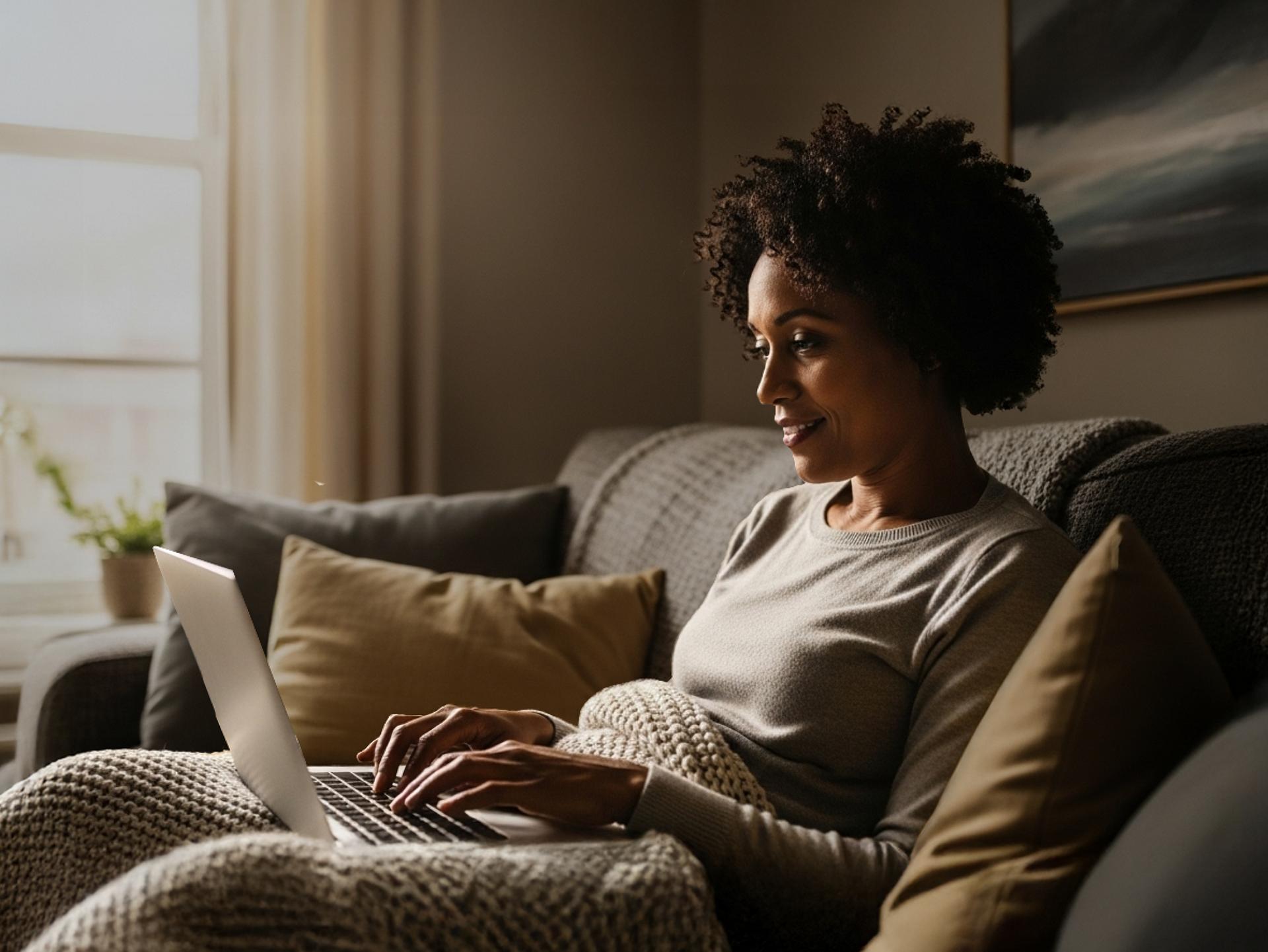 A woman sitting on her couch uses her laptop computer