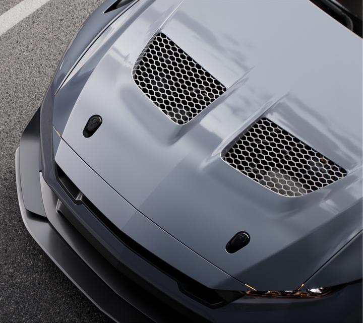 Vue du dessus du capot de la Mustang GTD.