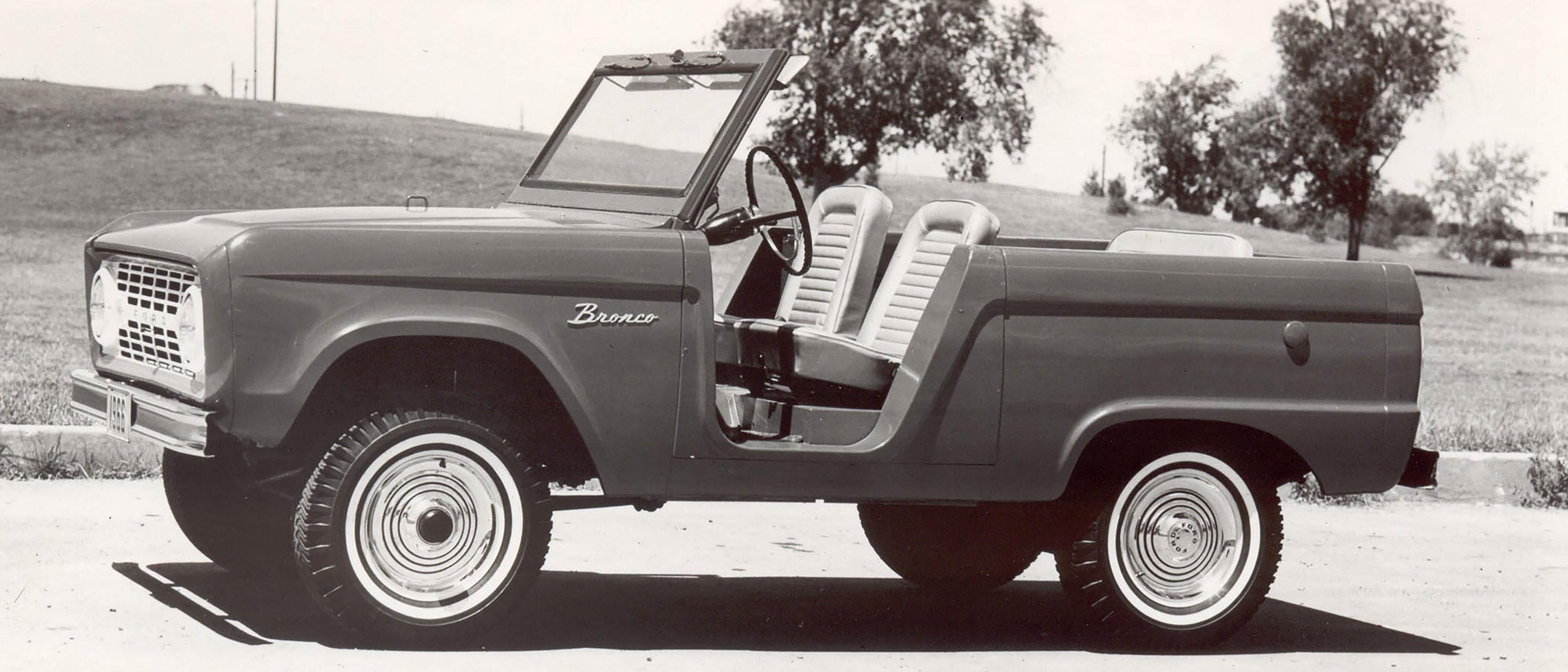 A black and white photo of the original Ford Bronco® Roadster model