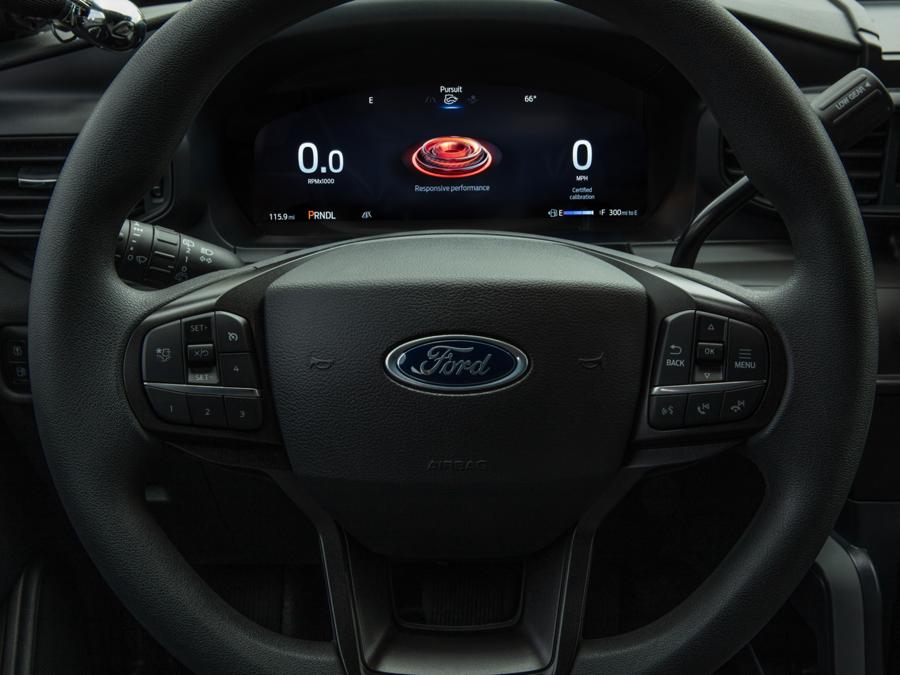 The steering wheel of a 2025 Ford Police Interceptor® Utility with Manual Pursuit Button