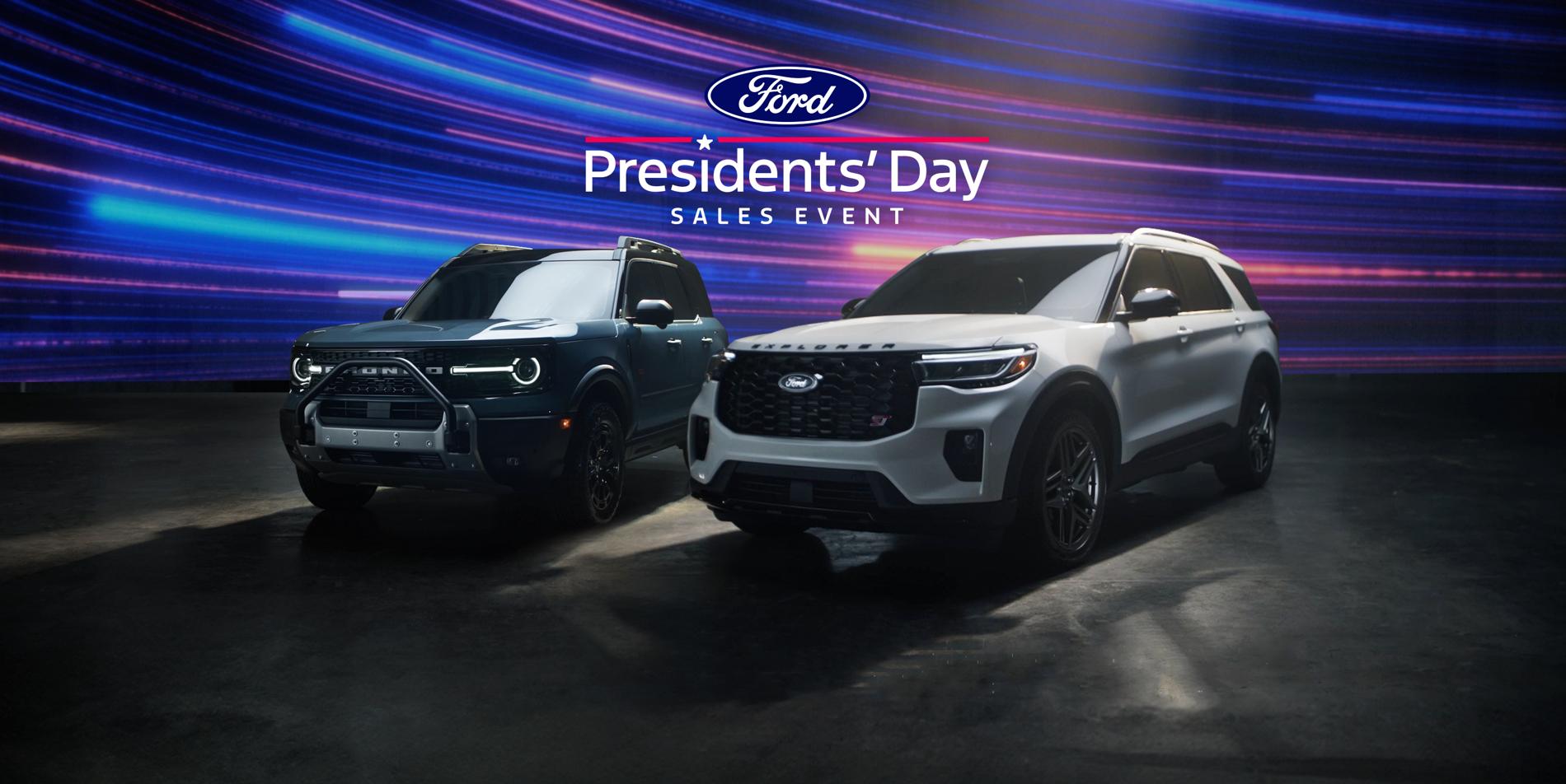 A Ford Bronco Sport and Explorer are shown in a studio with a red, white and blue background to honor Presidents’ Day.