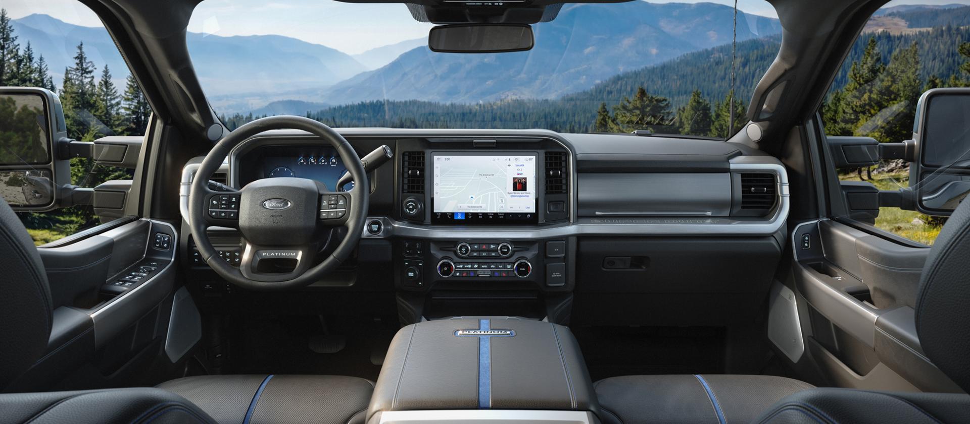Dashboard and interior view of the 2027 Ford Super Duty® F-350® pickup with the Platinum® Plus Package
