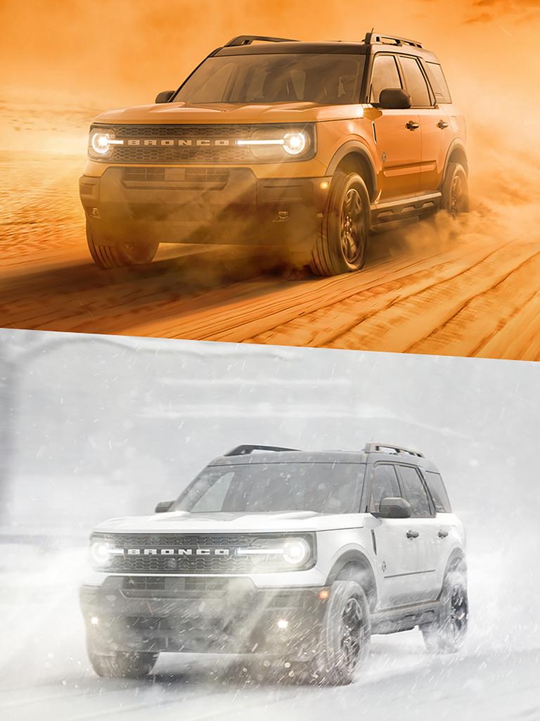 Two views of the 2026 Ford Bronco Sport® driving through the sand and snow