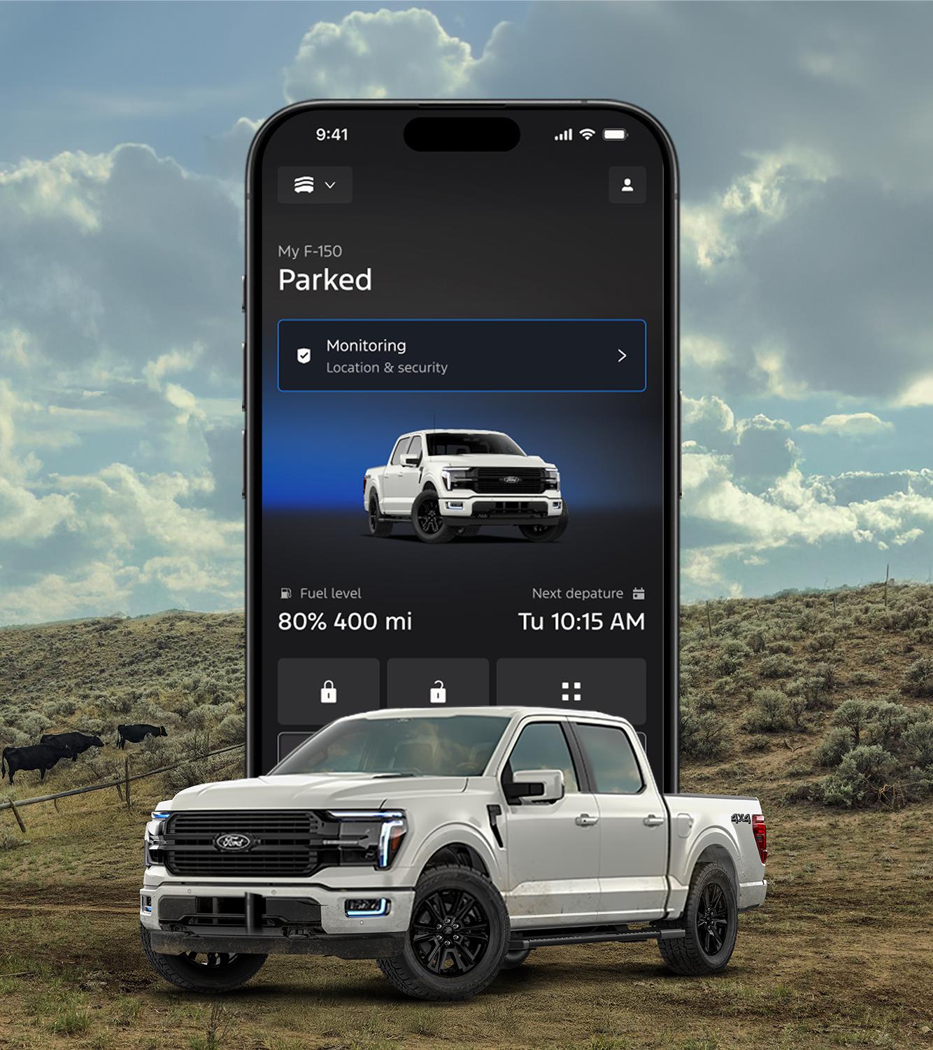 The Ford app screen displays on the horizon behind a 2026 Ford F-150® truck on a ranch