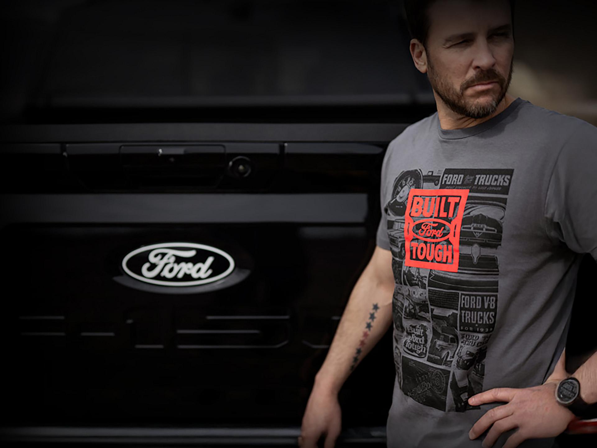 Close-up of a model wearing Ford F-Series® Built Ford Tough® merchandise